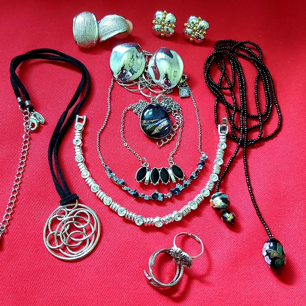 Vintage Jewelry Lot Necklaces Sautoire Bracelet  Rings Pendants Pirced Earrings